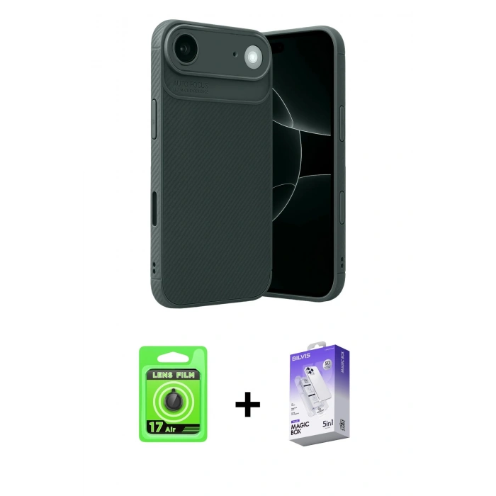 MARSİLYAN™- iPhone 17 Air Kılıf Eksen Form Prime - Siyah Bilvis 5in1 3D Magic Cam Ekran Koruyucu + Siyah Raze Metal Kamera Lens