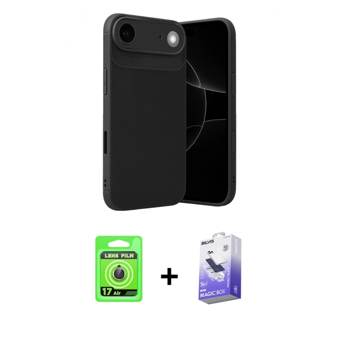 MARSİLYAN™- iPhone 17 Air Kılıf Eksen Form Prime - Siyah Bilvis 5in1 5D Magic Hayalet Cam Ekran Koruyucu + Raze Metal Kamera Lens - GD