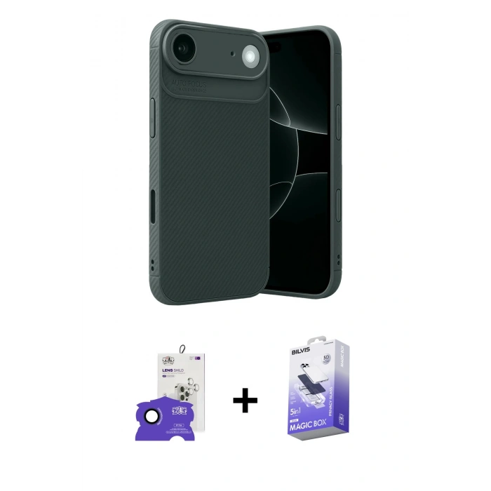 MARSİLYAN™- iPhone 17 Air Kılıf Eksen Form Prime - Siyah Bilvis 5in1 5D Magic Hayalet Cam Ekran Koruyucu + Bilvis Titan Kamera Lens - LT