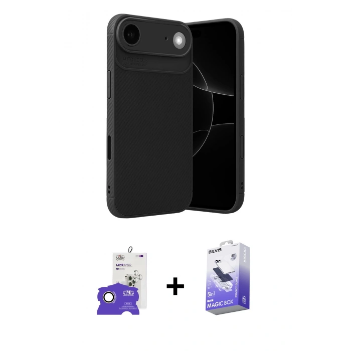 MARSİLYAN™- iPhone 17 Air Kılıf Eksen Form Prime - Siyah Bilvis 5in1 5D Magic Hayalet Cam Ekran Koruyucu + Bilvis Titan Kamera Lens - GD