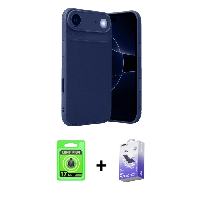 MARSİLYAN™- iPhone 17 Air Kılıf Eksen Form Prime - Siyah Bilvis 5in1 5D Magic Hayalet Cam Ekran Koruyucu + Raze Metal Kamera Lens - MI