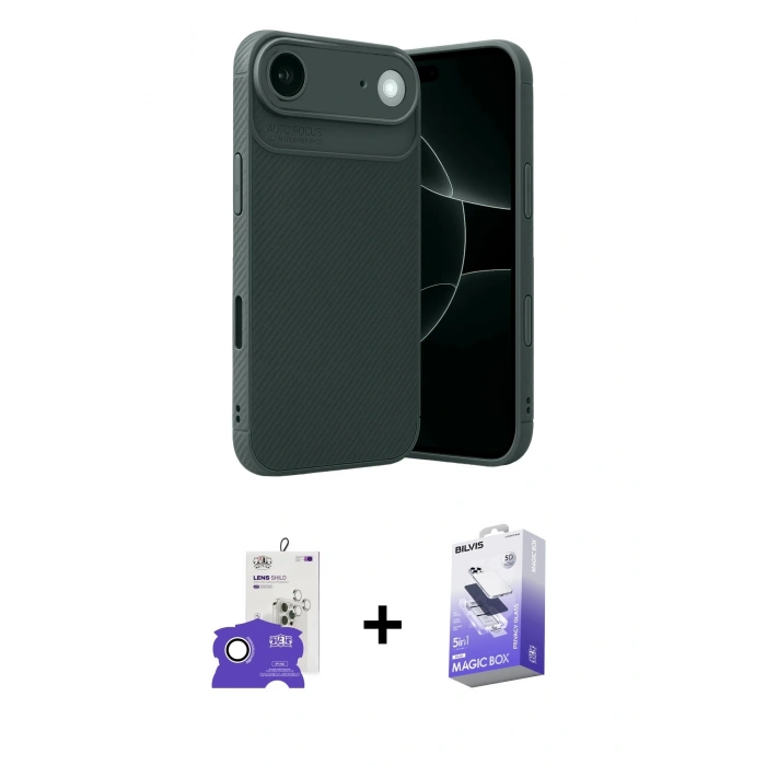 MARSİLYAN™- iPhone 17 Air Kılıf Eksen Form Prime - Siyah Bilvis 5in1 5D Magic Hayalet Cam Ekran Koruyucu + Bilvis Titan Kamera Lens - GS