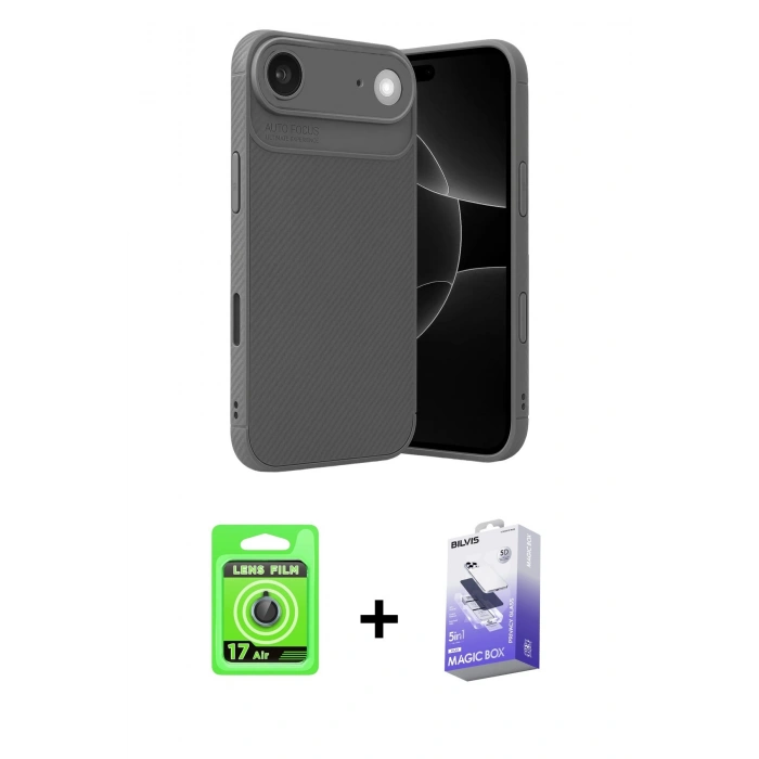 MARSİLYAN™- iPhone 17 Air Kılıf Eksen Form Prime - Siyah Bilvis 5in1 5D Magic Hayalet Cam Ekran Koruyucu + Raze Metal Kamera Lens - MI