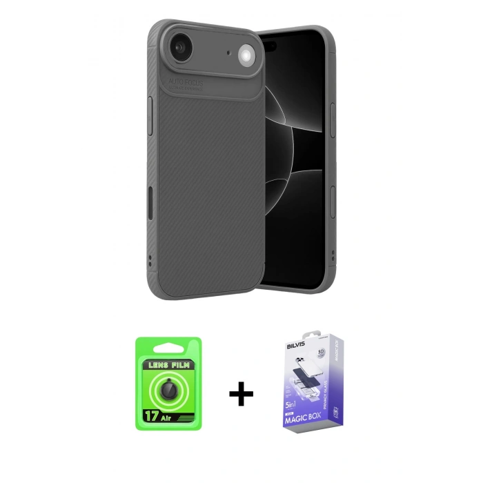 MARSİLYAN™- iPhone 17 Air Kılıf Eksen Form Prime - Siyah Bilvis 5in1 5D Magic Hayalet Cam Ekran Koruyucu + Raze Metal Kamera Lens - SH