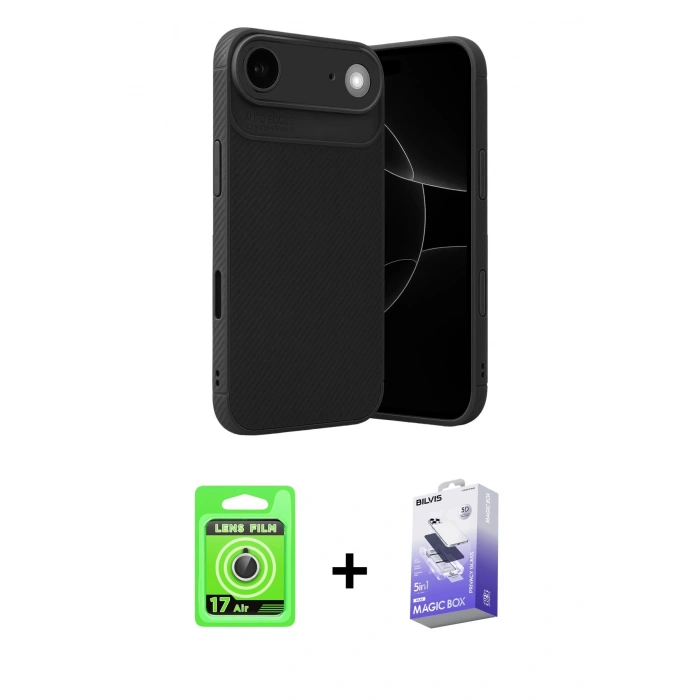 MARSİLYAN™- iPhone 17 Air Kılıf Eksen Form Prime - Siyah Bilvis 5in1 5D Magic Hayalet Cam Ekran Koruyucu + Gümüş Raze Metal Kamera Lens