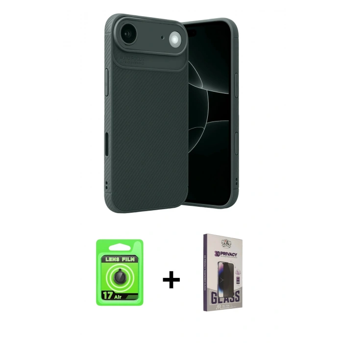 MARSİLYAN™- iPhone 17 Air Kılıf Eksen Form Prime - Siyah Bilvis Hayalet Cam Ekran Koruyucu + Raze Metal Kamera Lens - SH
