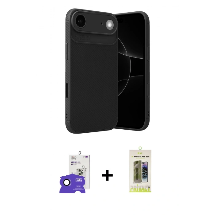 MARSİLYAN™- iPhone 17 Air Kılıf Eksen Form Prime - Siyah Joko Magic 5D Hayalet Cam + Siyah Bilvis Titan Kamera Lens