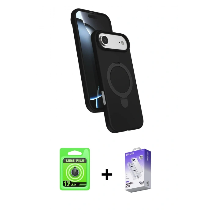 MARSİLYAN™- iPhone 17 Air Kılıf İz Işık Koleksiyonu - Siyah Bilvis 5in1 3D Magic Cam Ekran Koruyucu + Raze Metal Kamera Lens - MI
