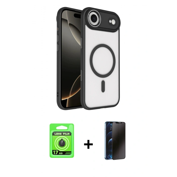 MARSİLYAN™- iPhone 17 Air Kılıf Kıvılcım Prime - Siyah 3D Antistatik Hayalet Cam Ekran Koruyucu + Raze Metal Kamera Lens - SH
