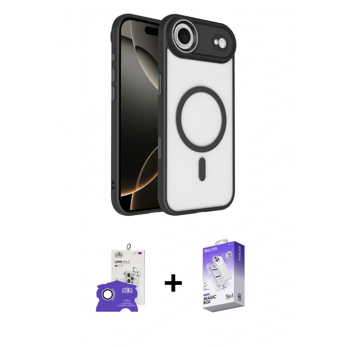 MARSİLYAN™- iPhone 17 Air Kılıf Kıvılcım Prime - Siyah Bilvis 5in1 3D Magic Cam Ekran Koruyucu + Bilvis Titan Kamera Lens - GS