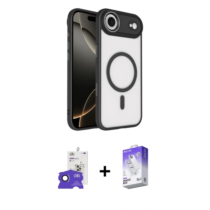 MARSİLYAN™- iPhone 17 Air Kılıf Kıvılcım Prime - Siyah Bilvis 5in1 3D Magic Cam Ekran Koruyucu + Bilvis Titan Kamera Lens - SH