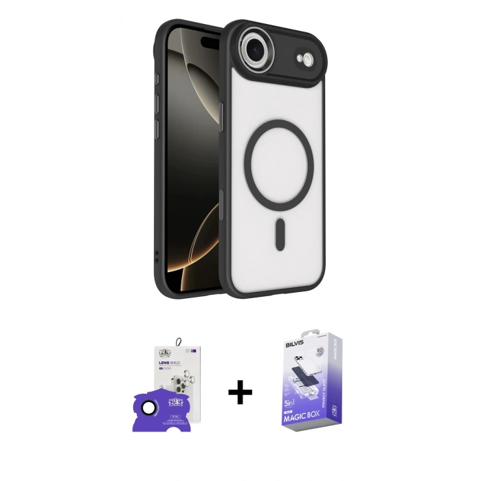 MARSİLYAN™- iPhone 17 Air Kılıf Kıvılcım Prime - Siyah Bilvis 5in1 5D Magic Hayalet Cam Ekran Koruyucu + Bilvis Titan Kamera Lens - LT
