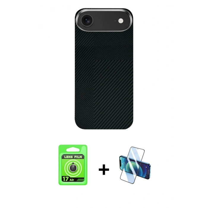 MARSİLYAN™- iPhone 17 Air Kılıf Kozmos Klasik Prime - Siyah 3D Antistatik Seramik Nano Ekran Koruyucu + Raze Metal Kamera Lens - GD