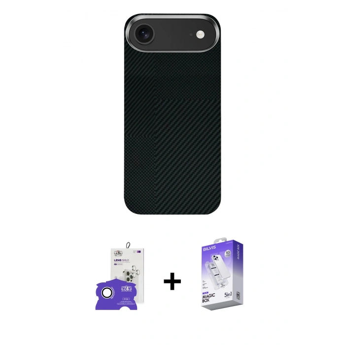 MARSİLYAN™- iPhone 17 Air Kılıf Kozmos Klasik Prime - Siyah Bilvis 5in1 3D Magic Cam Ekran Koruyucu + Bilvis Titan Kamera Lens - GS