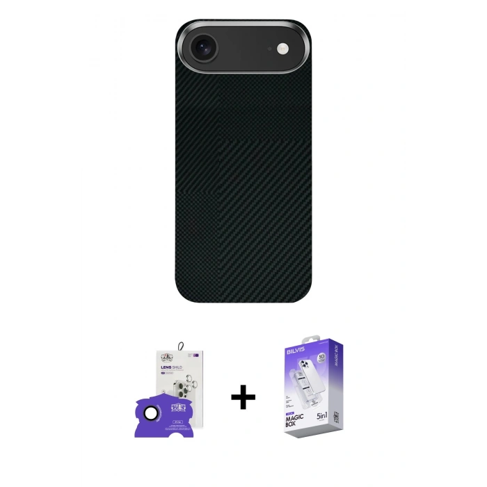 MARSİLYAN™- iPhone 17 Air Kılıf Kozmos Klasik Prime - Siyah Bilvis 5in1 3D Magic Cam Ekran Koruyucu + Bilvis Titan Kamera Lens - SH