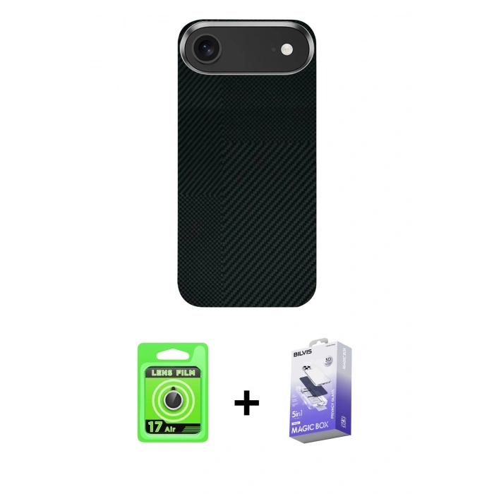 MARSİLYAN™- iPhone 17 Air Kılıf Kozmos Klasik Prime - Siyah Bilvis 5in1 5D Magic Hayalet Cam Ekran Koruyucu + Raze Metal Kamera Lens - GS