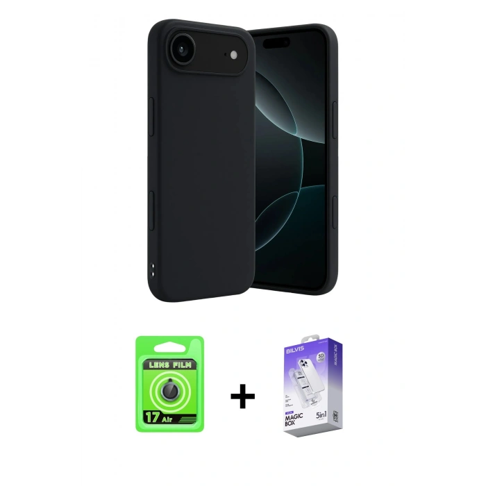 MARSİLYAN™- iPhone 17 Air Kılıf Kozmos Yansıma Özel Seri - Siyah Bilvis 5in1 3D Magic Cam Ekran Koruyucu + Raze Metal Kamera Lens - MI