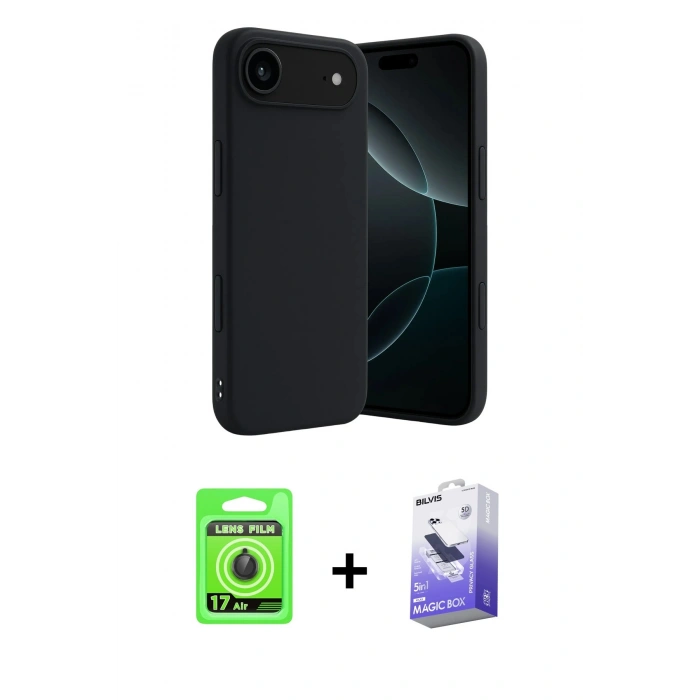 MARSİLYAN™- iPhone 17 Air Kılıf Kozmos Yansıma Özel Seri - Siyah Bilvis 5in1 5D Magic Hayalet Cam Ekran Koruyucu + Raze Metal Kamera Lens - SH