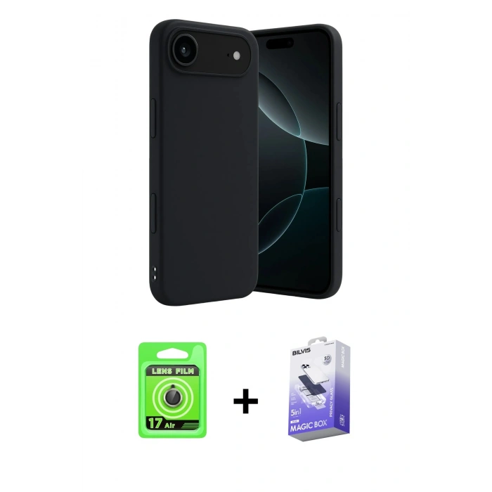 MARSİLYAN™- iPhone 17 Air Kılıf Kozmos Yansıma Özel Seri - Siyah Bilvis 5in1 5D Magic Hayalet Cam Ekran Koruyucu + Raze Metal Kamera Lens - GD