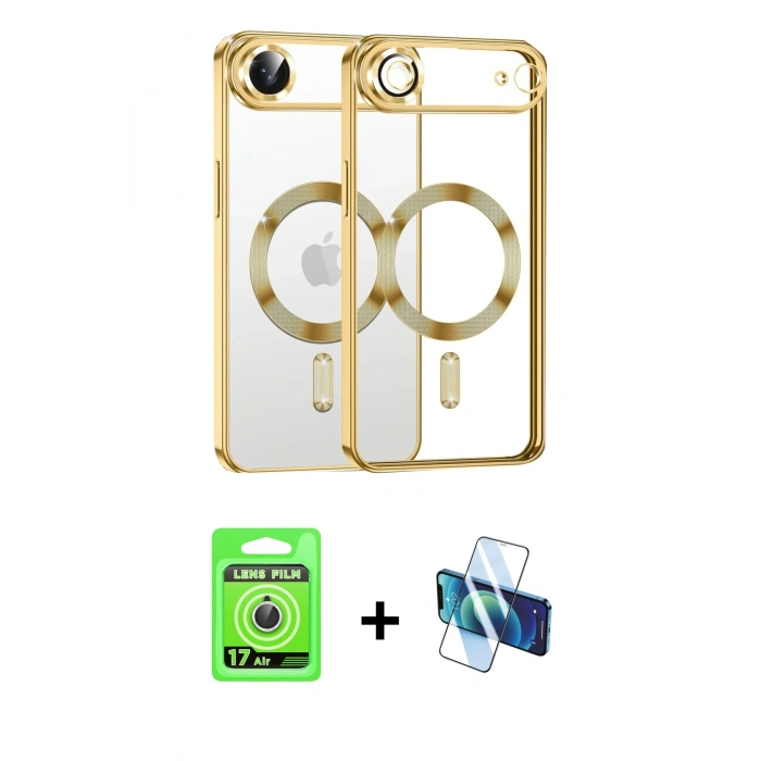 MARSİLYAN™- iPhone 17 Air Kılıf Nova Işık Özel Seri - Siyah 3D Antistatik Seramik Nano Ekran Koruyucu + Gümüş Raze Metal Kamera Lens