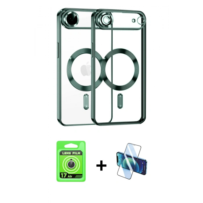 MARSİLYAN™- iPhone 17 Air Kılıf Nova Işık Özel Seri - Siyah 3D Antistatik Seramik Nano Ekran Koruyucu + Gümüş Raze Metal Kamera Lens