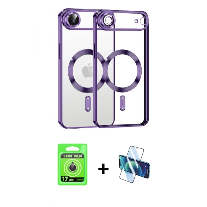 MARSİLYAN™- iPhone 17 Air Kılıf Nova Işık Özel Seri - Siyah 3D Antistatik Seramik Nano Ekran Koruyucu + Gümüş Raze Metal Kamera Lens
