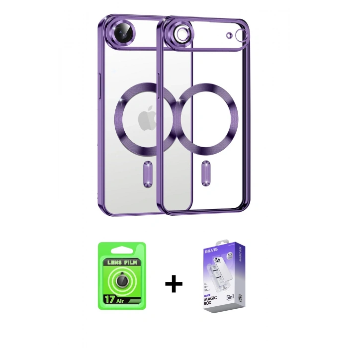 MARSİLYAN™- iPhone 17 Air Kılıf Nova Işık Özel Seri - Siyah Bilvis 5in1 3D Magic Cam Ekran Koruyucu + Gold Raze Metal Kamera Lens