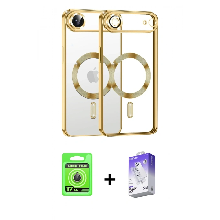 MARSİLYAN™- iPhone 17 Air Kılıf Nova Işık Özel Seri - Siyah Bilvis 5in1 3D Magic Cam Ekran Koruyucu + Gold Raze Metal Kamera Lens