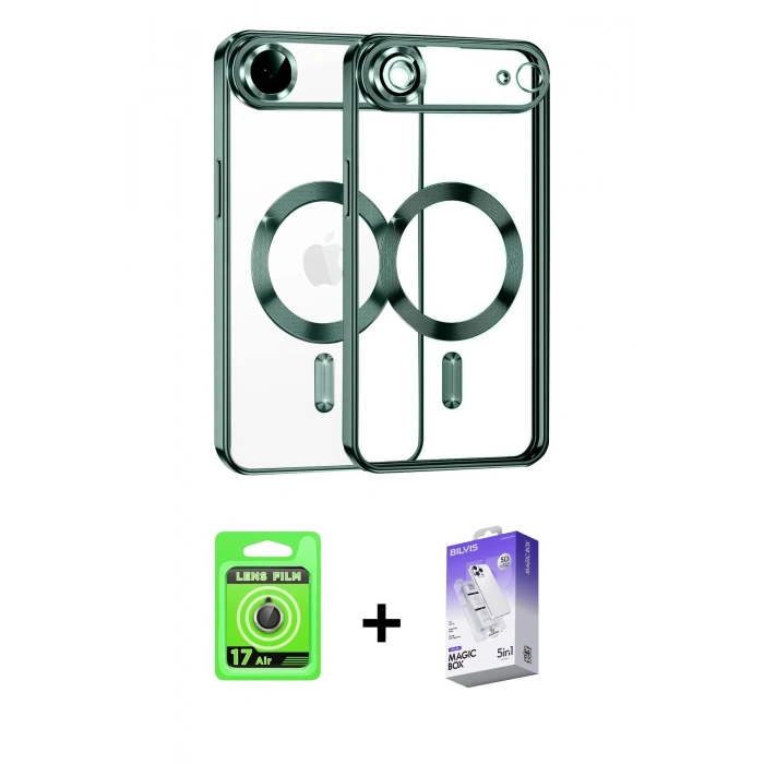 MARSİLYAN™- iPhone 17 Air Kılıf Nova Işık Özel Seri - Siyah Bilvis 5in1 3D Magic Cam Ekran Koruyucu + Gold Raze Metal Kamera Lens