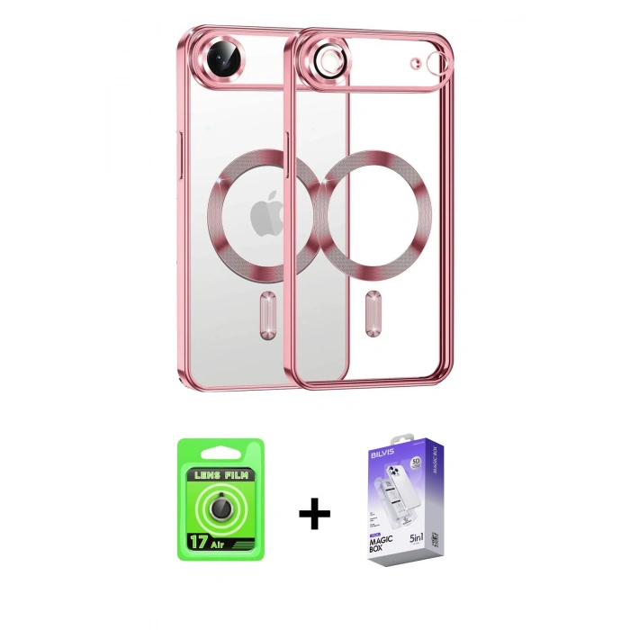MARSİLYAN™- iPhone 17 Air Kılıf Nova Işık Özel Seri - Siyah Bilvis 5in1 3D Magic Cam Ekran Koruyucu + Gold Raze Metal Kamera Lens