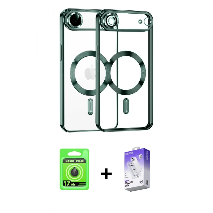 MARSİLYAN™- iPhone 17 Air Kılıf Nova Işık Özel Seri - Siyah Bilvis 5in1 3D Magic Cam Ekran Koruyucu + Raze Metal Kamera Lens - SH