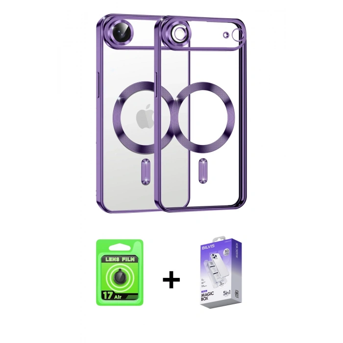 MARSİLYAN™- iPhone 17 Air Kılıf Nova Işık Özel Seri - Siyah Bilvis 5in1 3D Magic Cam Ekran Koruyucu + Raze Metal Kamera Lens - SH