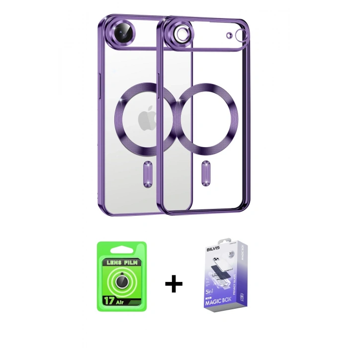 MARSİLYAN™- iPhone 17 Air Kılıf Nova Işık Özel Seri - Siyah Bilvis 5in1 5D Magic Hayalet Cam Ekran Koruyucu + Raze Metal Kamera Lens - GS