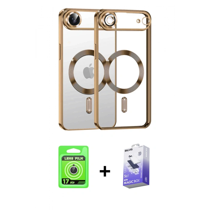 MARSİLYAN™- iPhone 17 Air Kılıf Nova Işık Özel Seri - Siyah Bilvis 5in1 5D Magic Hayalet Cam Ekran Koruyucu + Raze Metal Kamera Lens - GS