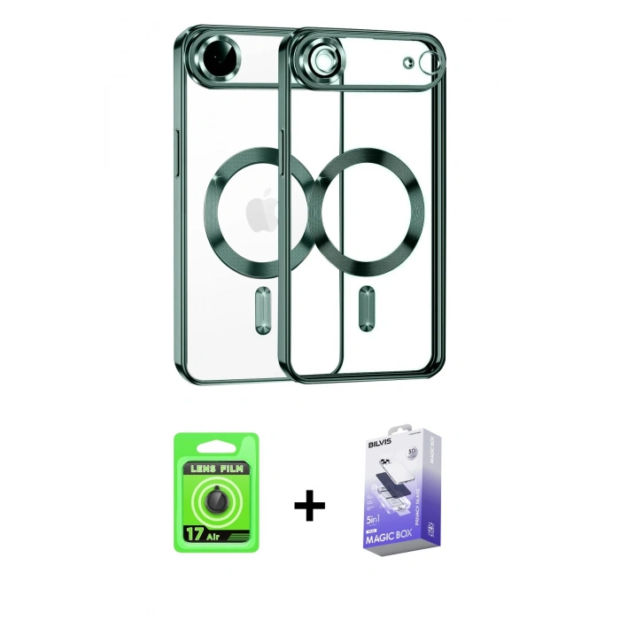 MARSİLYAN™- iPhone 17 Air Kılıf Nova Işık Özel Seri - Siyah Bilvis 5in1 5D Magic Hayalet Cam Ekran Koruyucu + Raze Metal Kamera Lens - SH
