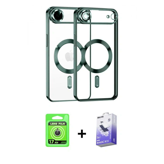 MARSİLYAN™- iPhone 17 Air Kılıf Nova Işık Özel Seri - Siyah Bilvis 5in1 5D Magic Hayalet Cam Ekran Koruyucu + Raze Metal Kamera Lens - GS