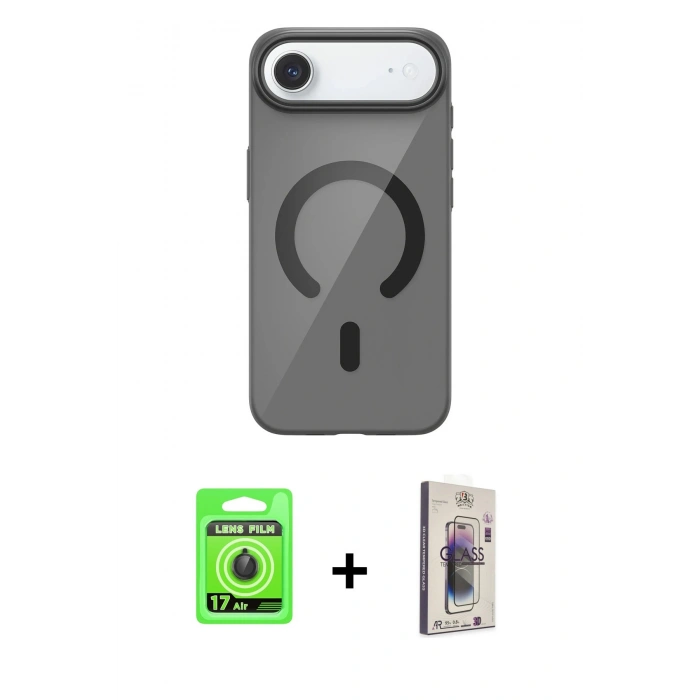 MARSİLYAN™- iPhone 17 Air Kılıf Pusula Form Özel Seri - Siyah Bilvis 3D Cam Ekran Koruyucu + Siyah Raze Metal Kamera Lens