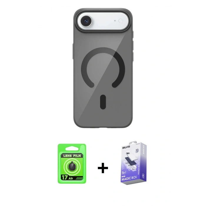 MARSİLYAN™- iPhone 17 Air Kılıf Pusula Form Özel Seri - Siyah Bilvis 5in1 5D Magic Hayalet Cam Ekran Koruyucu + Siyah Raze Metal Kamera Lens