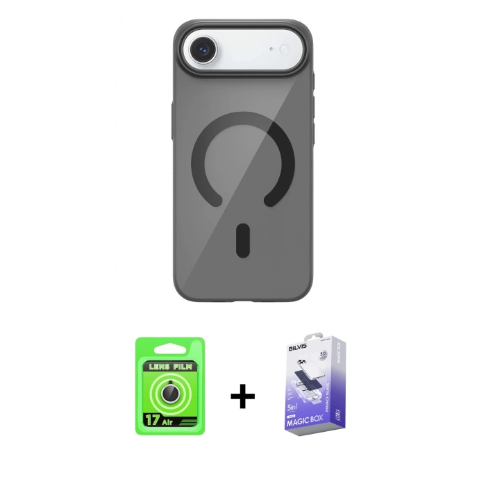 MARSİLYAN™- iPhone 17 Air Kılıf Pusula Form Özel Seri - Siyah Bilvis 5in1 5D Magic Hayalet Cam Ekran Koruyucu + Gümüş Raze Metal Kamera Lens