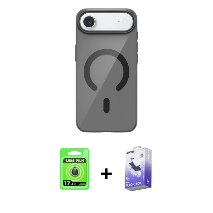 MARSİLYAN™- iPhone 17 Air Kılıf Pusula Form Özel Seri - Siyah Bilvis 5in1 5D Magic Hayalet Cam Ekran Koruyucu + Raze Metal Kamera Lens - GD