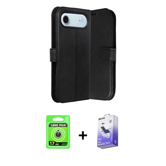 MARSİLYAN™- iPhone 17 Air Kılıf Siluet Işık Serisi - Siyah Bilvis 5in1 5D Magic Hayalet Cam Ekran Koruyucu + Raze Metal Kamera Lens - GS