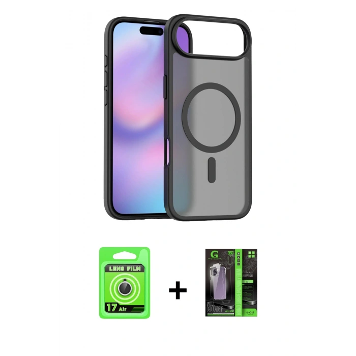 MARSİLYAN™- iPhone 17 Air Kılıf Siluet Minimal Prime - Siyah 360 Mat Full Body Arka Koruyucu + Raze Metal Kamera Lens - GS