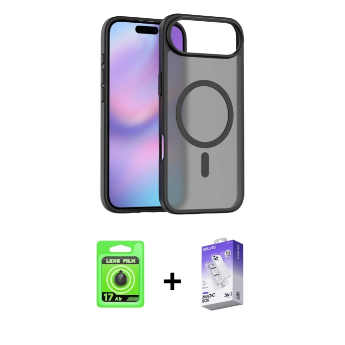 MARSİLYAN™- iPhone 17 Air Kılıf Siluet Minimal Prime - Siyah Bilvis 5in1 3D Magic Cam Ekran Koruyucu + Raze Metal Kamera Lens - SH