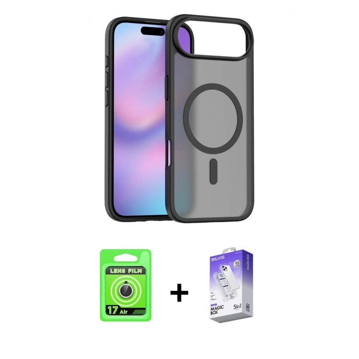 MARSİLYAN™- iPhone 17 Air Kılıf Siluet Minimal Prime - Siyah Bilvis 5in1 3D Magic Cam Ekran Koruyucu + Raze Metal Kamera Lens - GS