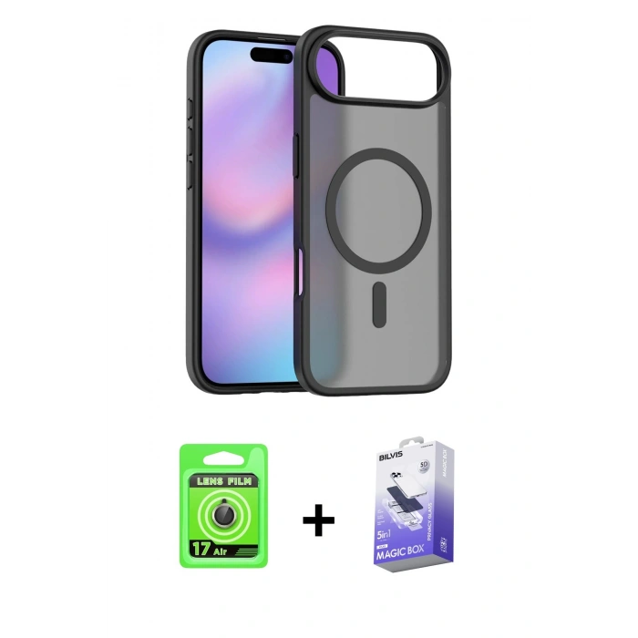 MARSİLYAN™- iPhone 17 Air Kılıf Siluet Minimal Prime - Siyah Bilvis 5in1 5D Magic Hayalet Cam Ekran Koruyucu + Raze Metal Kamera Lens - GD