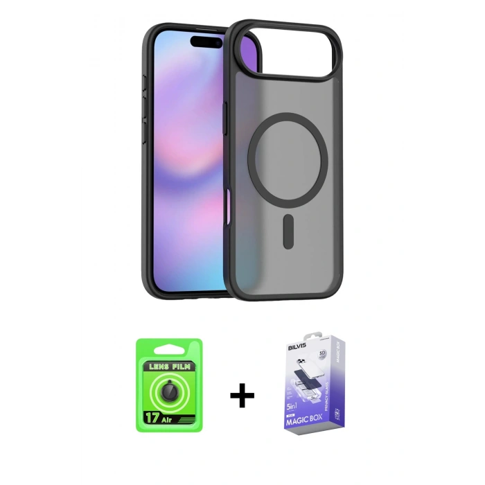 MARSİLYAN™- iPhone 17 Air Kılıf Siluet Minimal Prime - Siyah Bilvis 5in1 5D Magic Hayalet Cam Ekran Koruyucu + Raze Metal Kamera Lens - SH