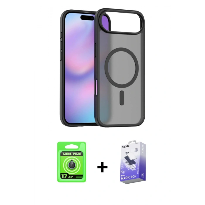 MARSİLYAN™- iPhone 17 Air Kılıf Siluet Minimal Prime - Siyah Bilvis 5in1 5D Magic Hayalet Cam Ekran Koruyucu + Raze Metal Kamera Lens - MI