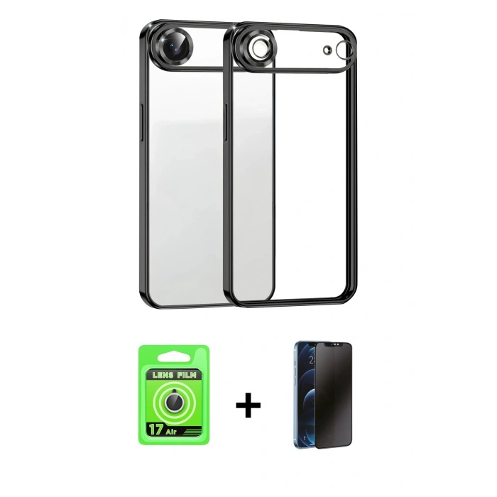 MARSİLYAN™- iPhone 17 Air Kılıf Vadi Minimal - Siyah 3D Antistatik Hayalet Cam Ekran Koruyucu + Raze Metal Kamera Lens - GS