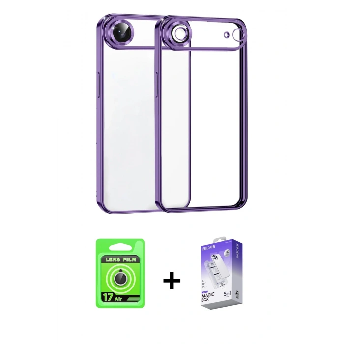 MARSİLYAN™- iPhone 17 Air Kılıf Vadi Minimal - Siyah Bilvis 5in1 3D Magic Cam Ekran Koruyucu + Raze Metal Kamera Lens - GS