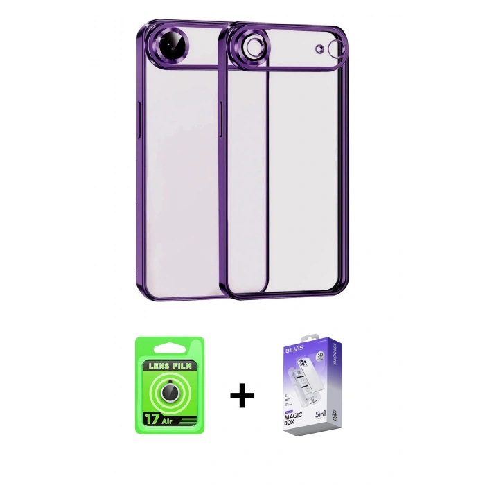 MARSİLYAN™- iPhone 17 Air Kılıf Vadi Minimal - Siyah Bilvis 5in1 3D Magic Cam Ekran Koruyucu + Raze Metal Kamera Lens - GS
